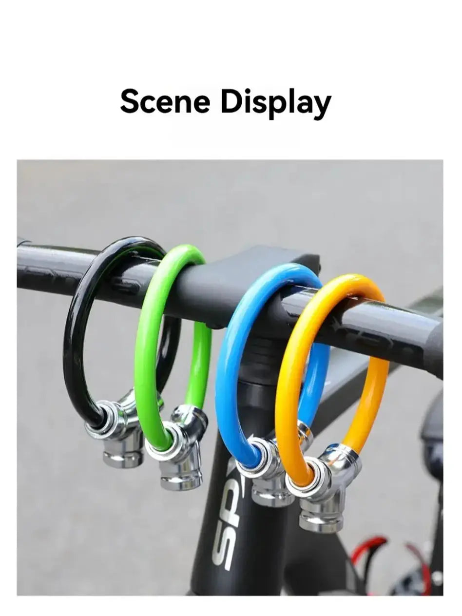 Bicycle helmet locks: four colorful silicone-coated steel locks on a bike handlebar