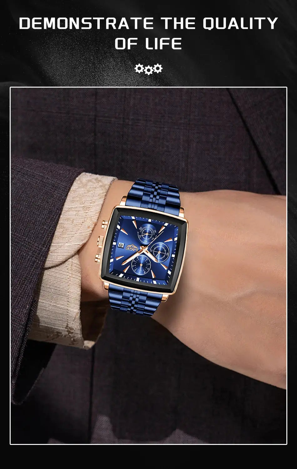 Relógio masculino LIGE quadrado, pulseira de aço azul, caixa dourada, mostrador azul com subdials, à prova d'água