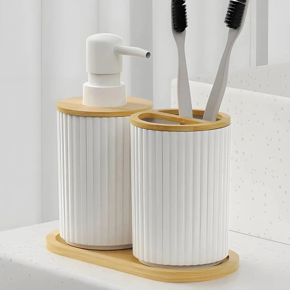 2-piece bathroom set: white ribbed soap dispenser and toothbrush cup with wood accents