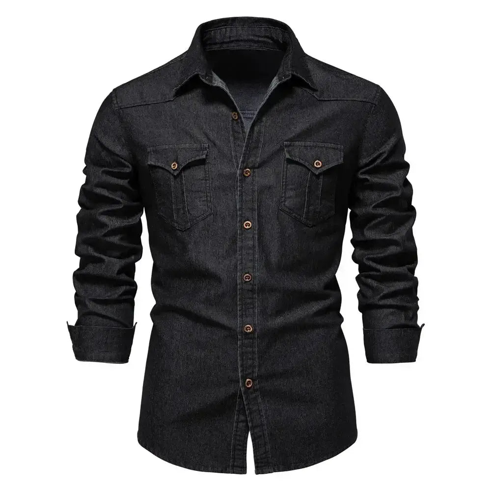 Men's dark denim shirt with long sleeves, chest pockets, brown buttons