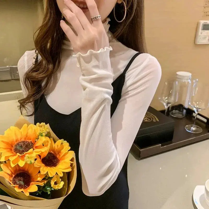 Sexy women mesh blouse white sheer long-sleeve top under black dress, see-through