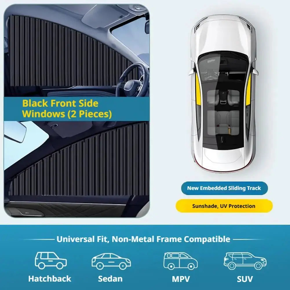 Car side window sun shade set (2 pieces), automatic telescopic foldable heat shield, UV privacy for sedan/SUV