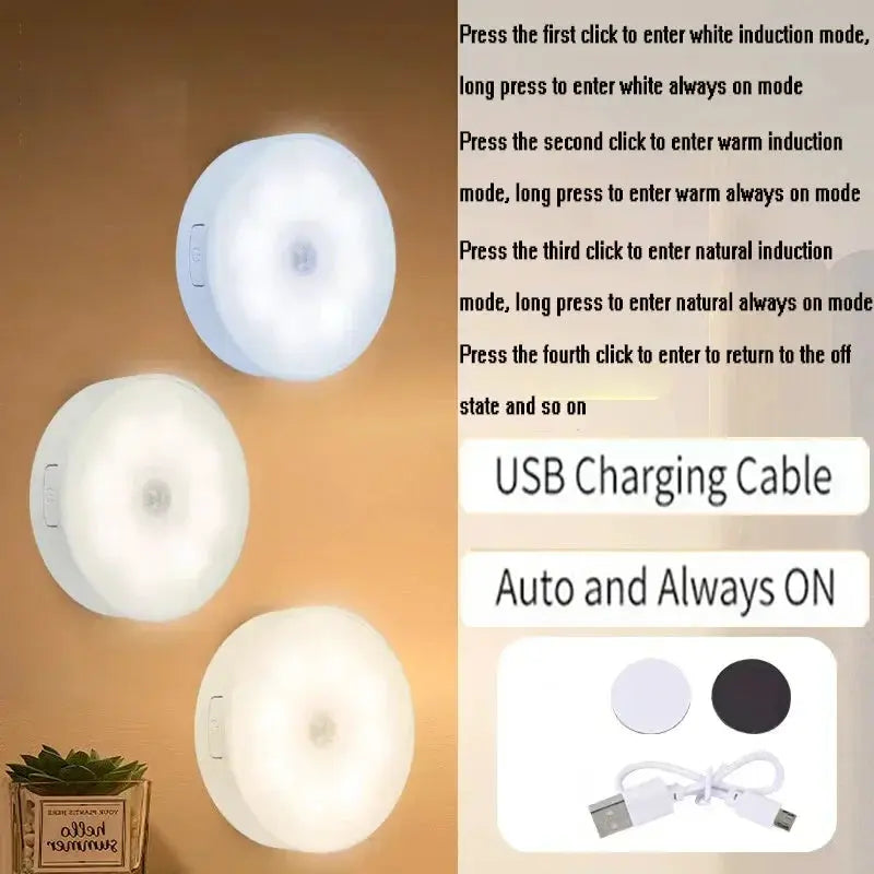 2 To 6 Pack Motion Sensor LED Night Light USB Rechargeable Three Color Lamp For Cabinet Wardrobe Staircase Closet