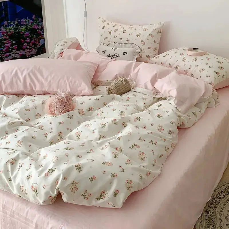 Simples Market pink floral bedding set on bed; white rose-print duvet with pink sheets and pillowcases.