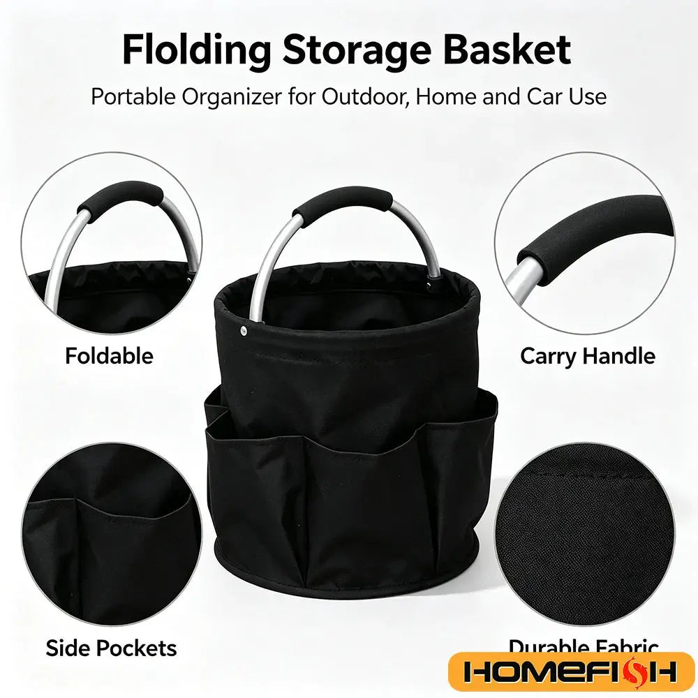 Simples Market 17L folding storage basket with carry handle; black fabric with side pockets