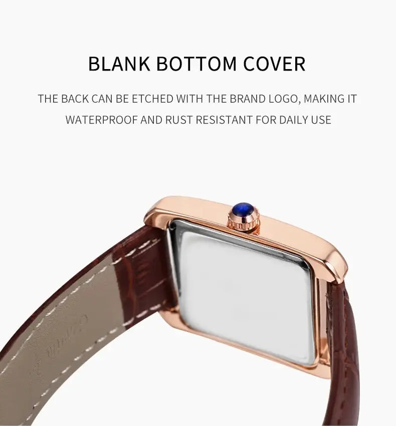 Wristwatch by Simples Market with rose gold case and brown leather strap, blue crown.