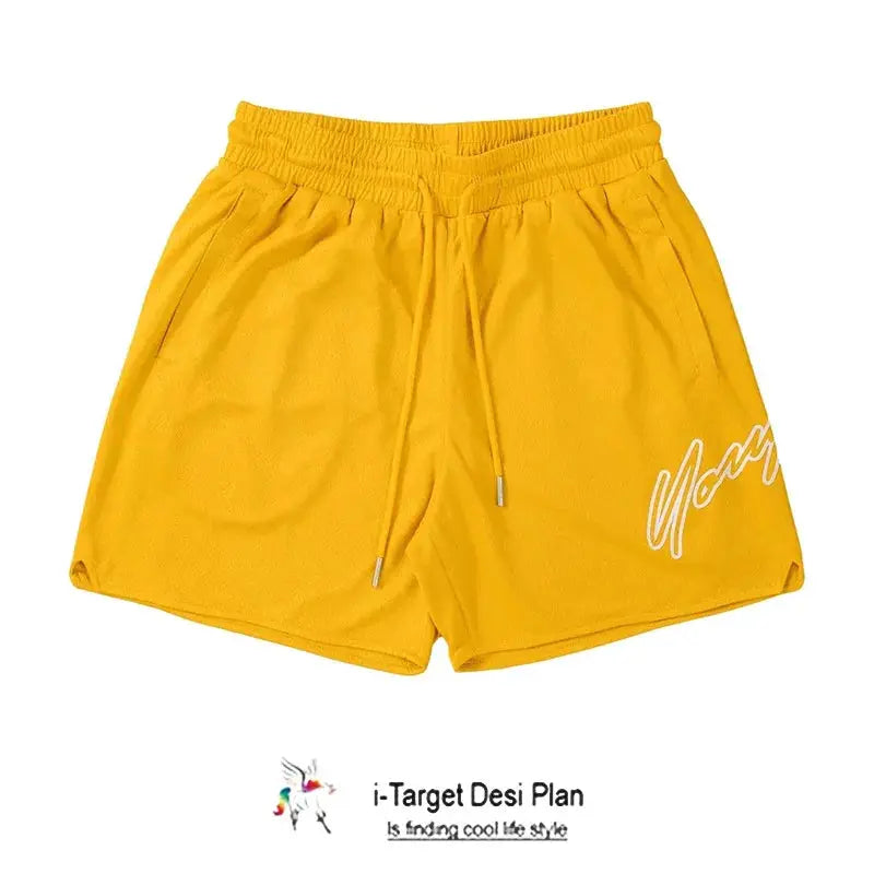 Trend men's mesh beach swim shorts in yellow with drawstring, loose fit, quick-dry fabric, Simples Market