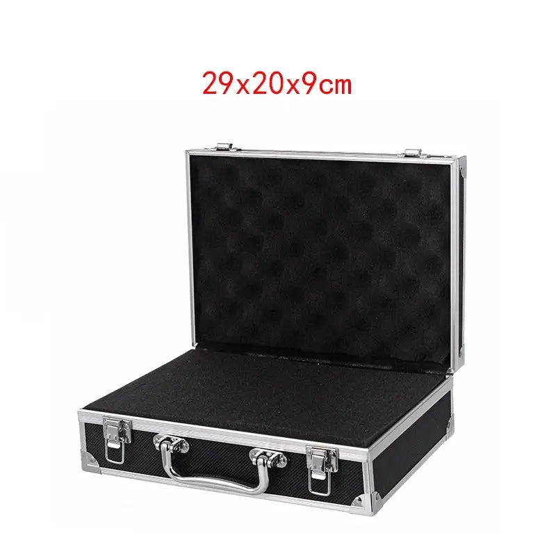 Simples Market shockproof aluminum tool organizer case with foam interior, black exterior, open lid, 29x20x9 cm.