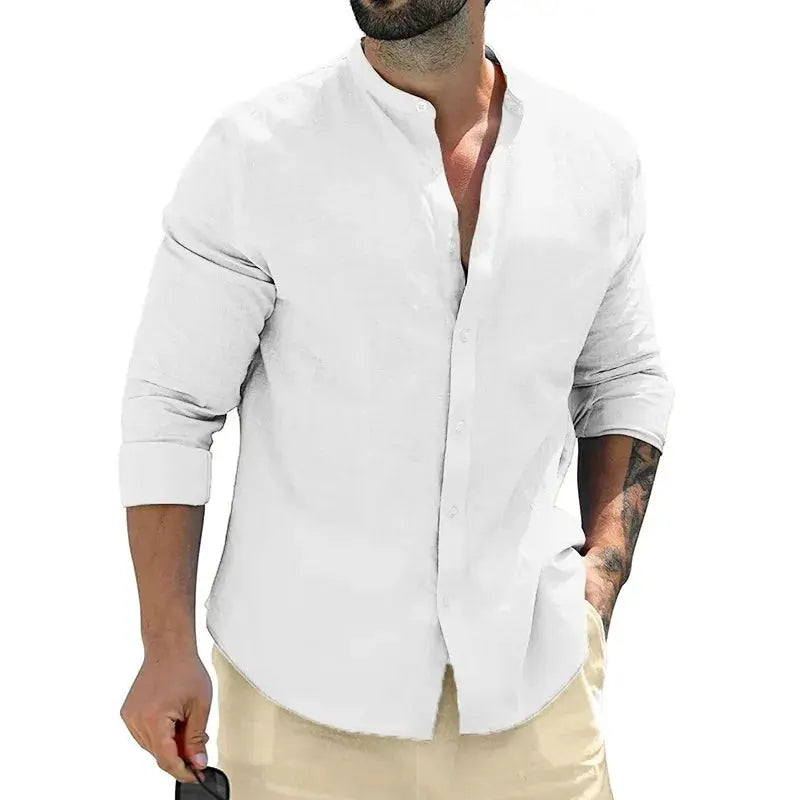 Autumn Mens Long Sleeve Cotton Shirt For Business Casual Solid Color Breathable Streetwear Button Front White