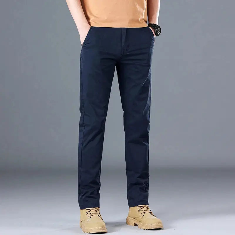 Men's Simples Market navy cotton casual pants, slim straight fit, solid color