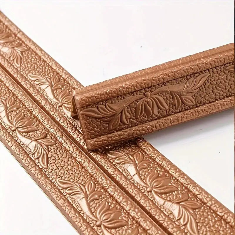 Foam wall edge strip stickers, set of 2, 230cm, copper-brown embossed floral pattern, self-adhesive waterproof