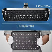 Simples Market overhead rain shower head, large black rectangular panel with chrome trim, 360° rotation.