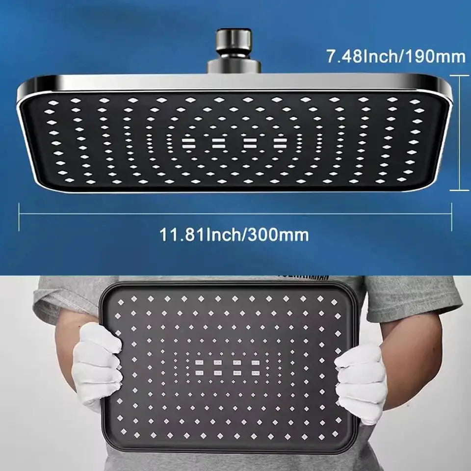 Simples Market overhead rain shower head, large black rectangular panel with chrome trim, 360° rotation.