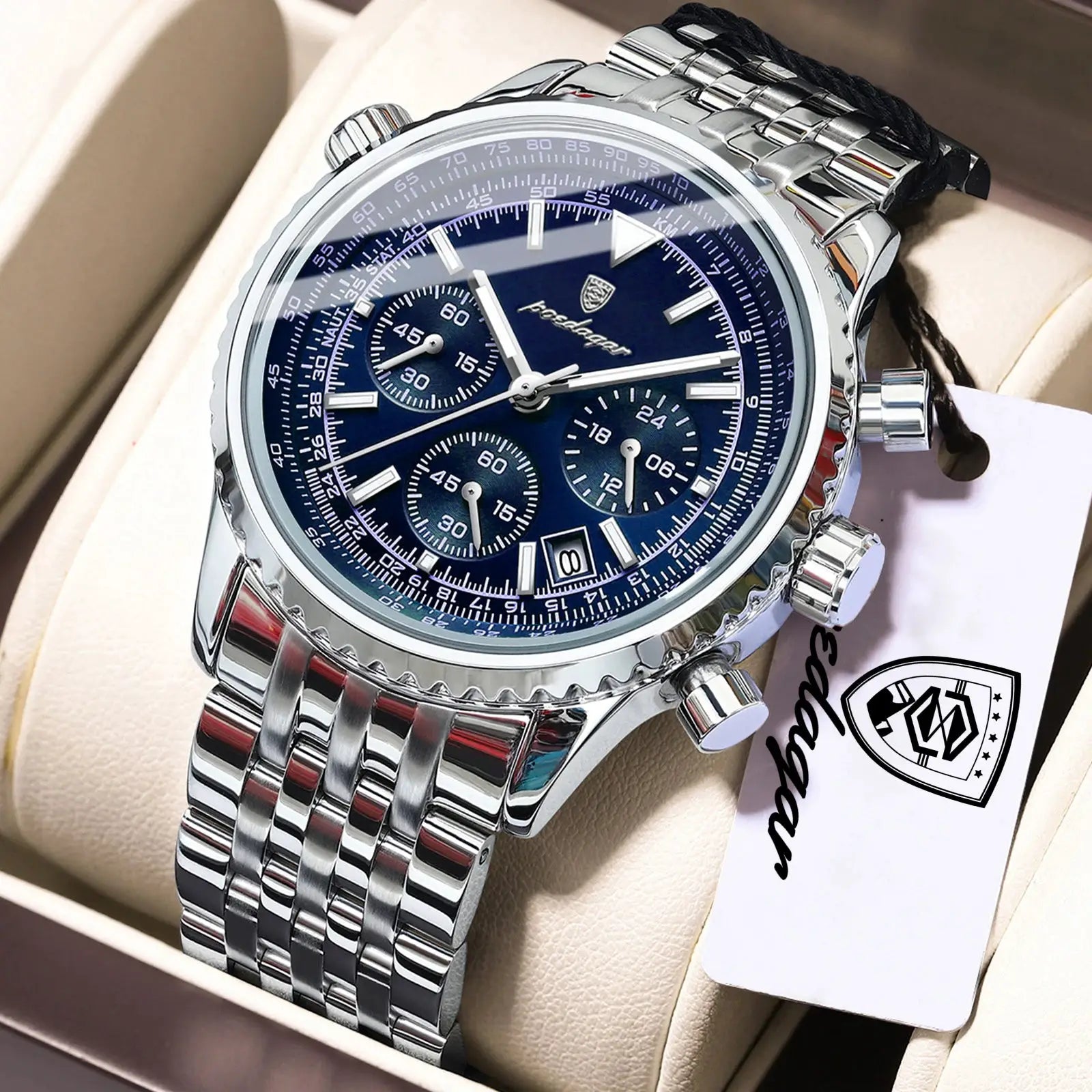 POEDAGAR Luxury Men Chronograph Stainless Steel Watch Waterproof Luminous Quartz Date Display Military Sport Timepiece