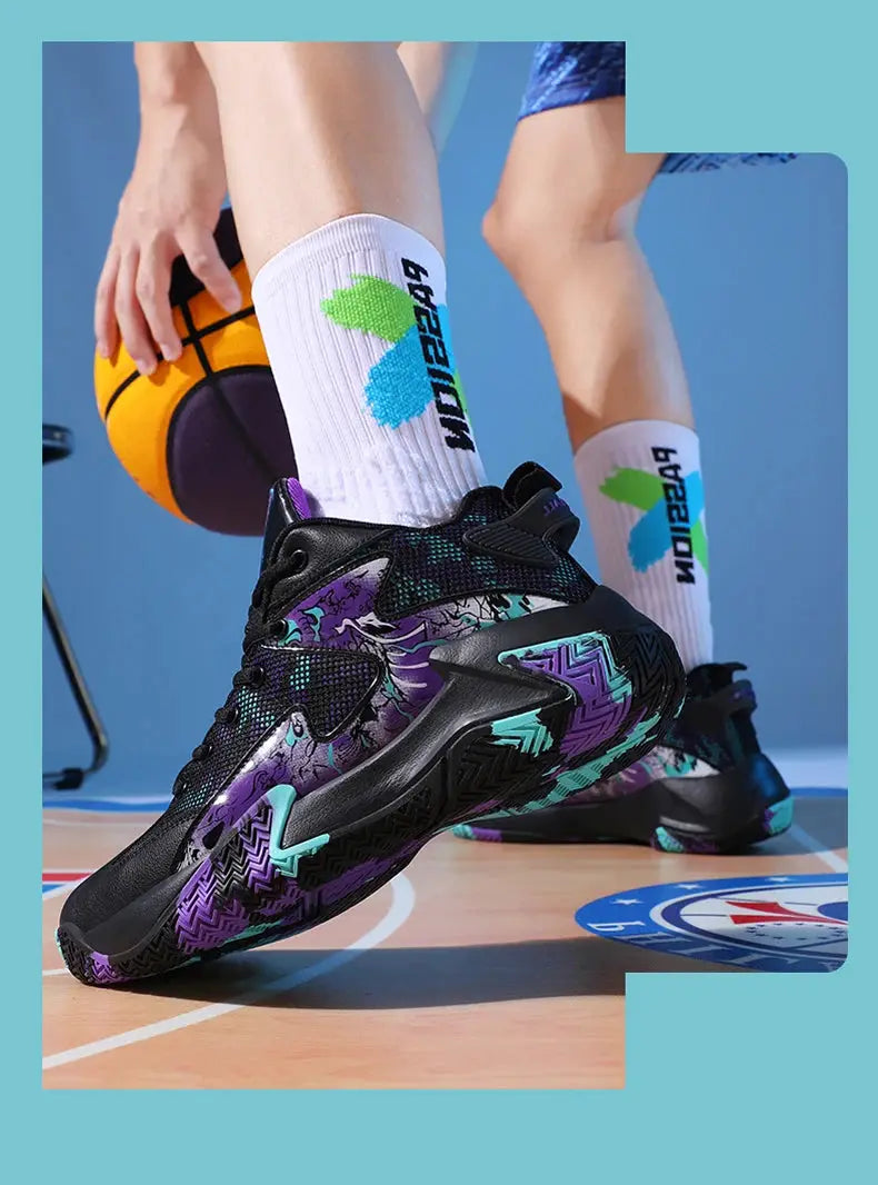 Men's sneakers, black base with purple-teal graphic, breathable athletic trainer