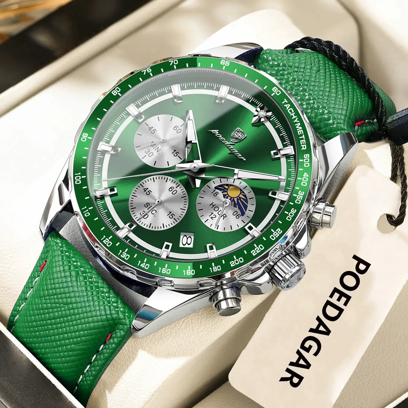 POEDAGAR green leather chronograph men's wristwatch with luminous dial and tachymeter
