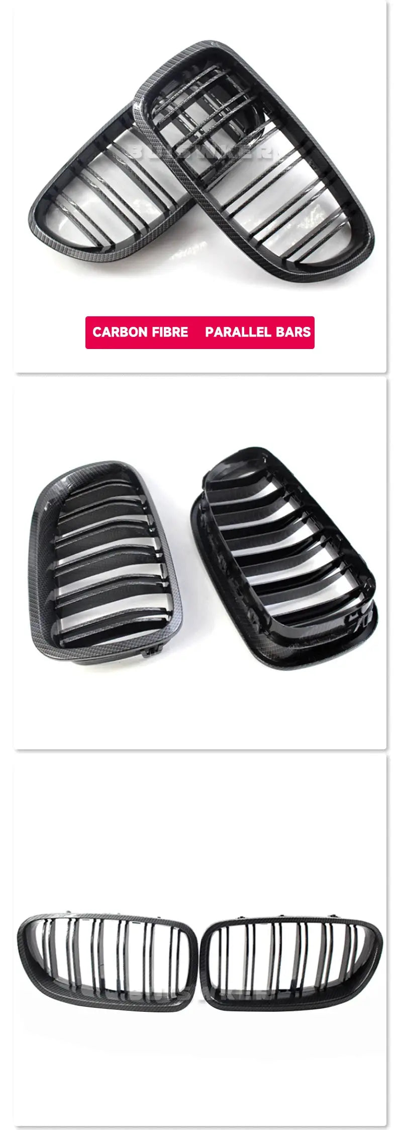 Car gloss black BMW 5 Series kidney grilles, carbon fiber dual-slats, pair for F10/F11/F18 (2010–2017)