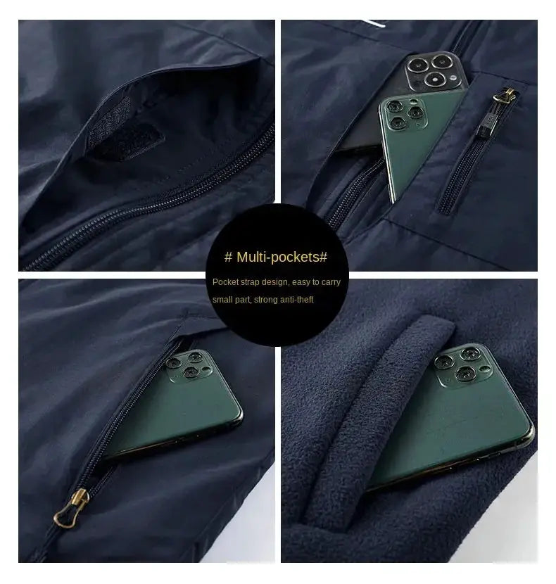 Simples Market outdoors gilet for men; navy heated vest with multiple zip pockets and a phone pocket