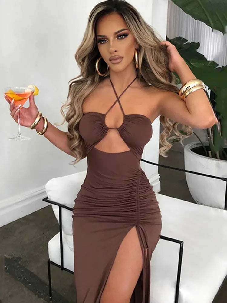LuxeNite Sleeveless Backless Midi Dress Ultra Stretch Bodycon Silhouette For Night Club Parties