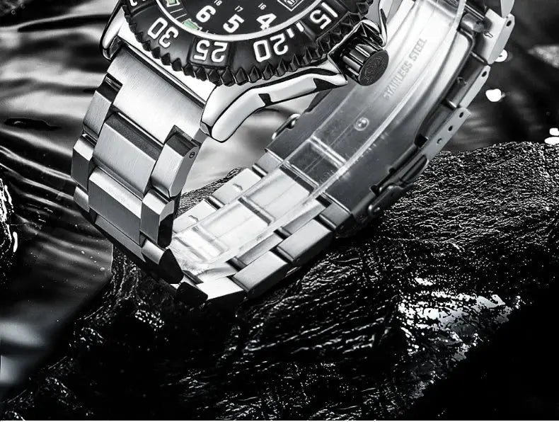 Addies Dive men's stainless steel watch with black dial, calendar display, rotating bezel, 50m waterproof