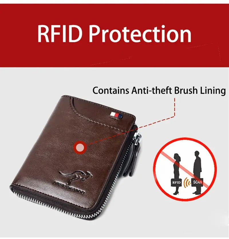 Mens brown leather zip wallet with RFID protection and Mustang logo