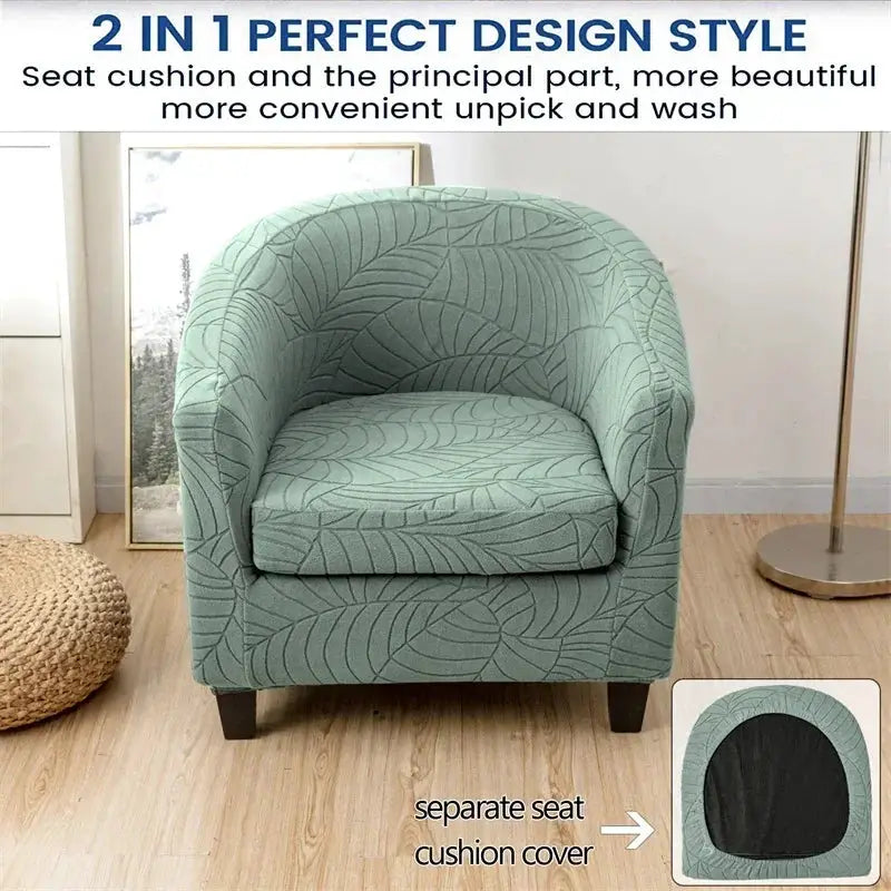 Leaves Jacquard tub chair slipcover in teal by Simples Market with separate seat cushion cover