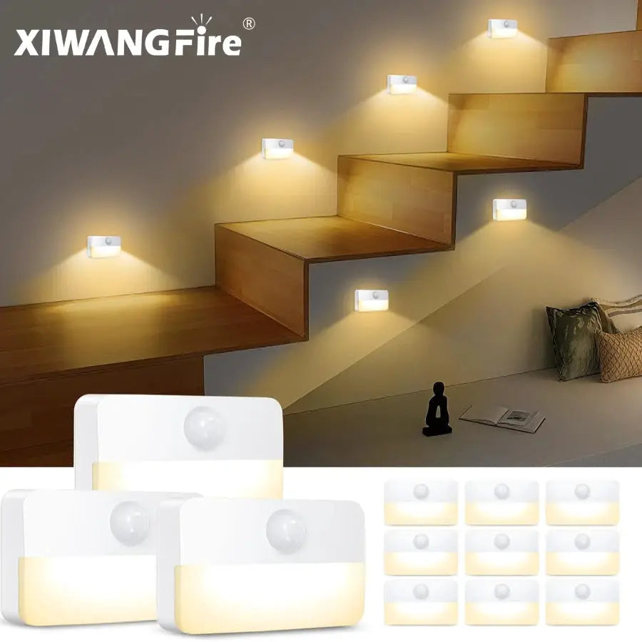 LED night light with motion sensor, white battery-powered, 12-pack for stairs and closets by XIWANGFire