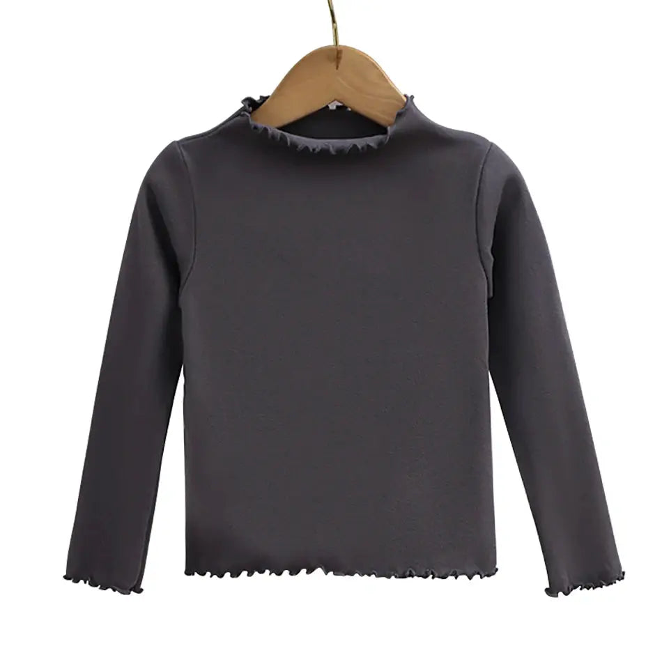 Autumn Winter Girls Long Sleeve Solid Color T Shirt With Ruffle Collar Fashionable Comfortable Everyday Wear