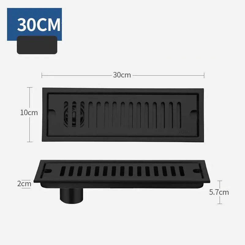 Long rectangular bathroom floor drain, black finish, 30cm, anti-odor, stainless steel 304, Simples Market