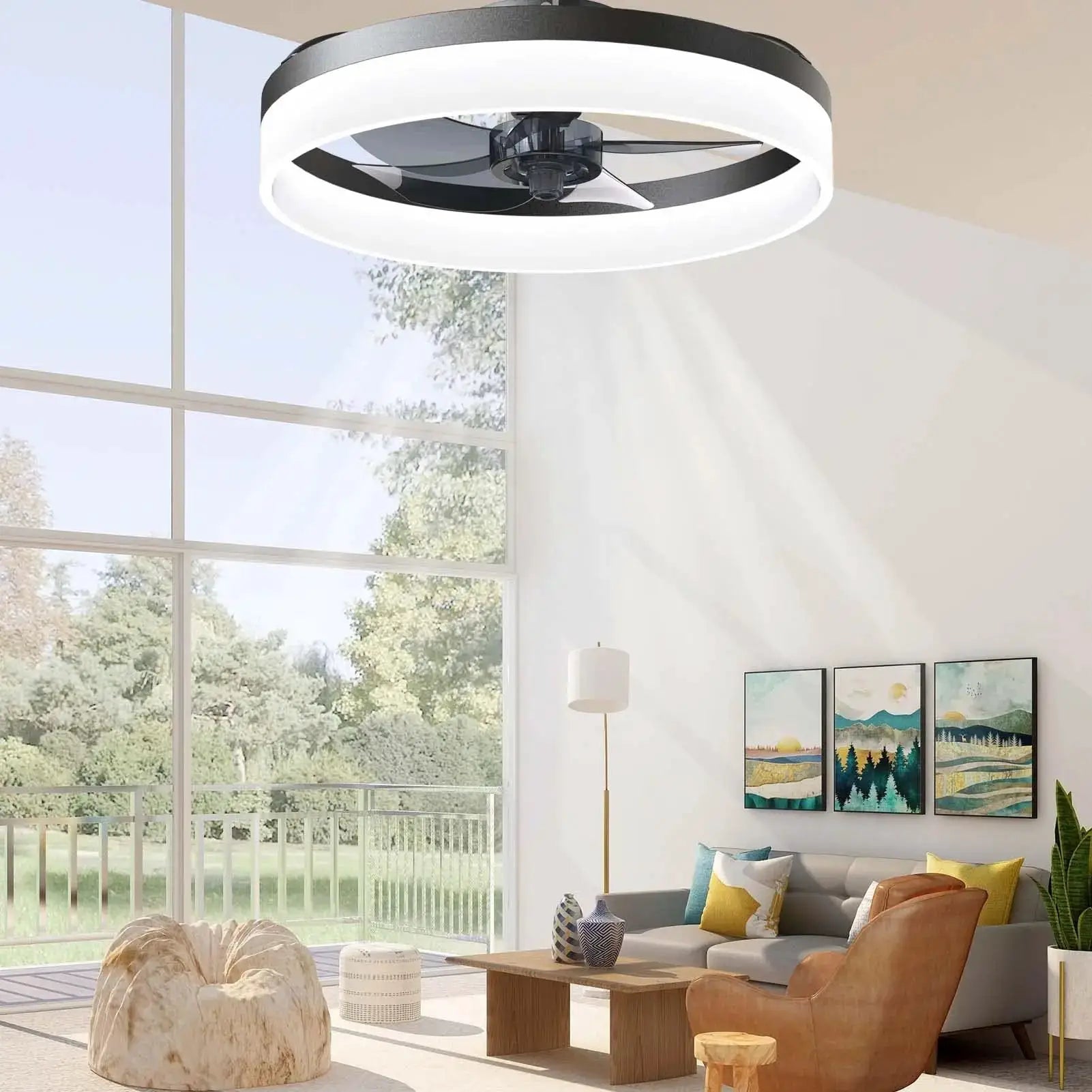 LED ceiling fan with light by Simples Market, remote control, circular LED ring, white and black finish.
