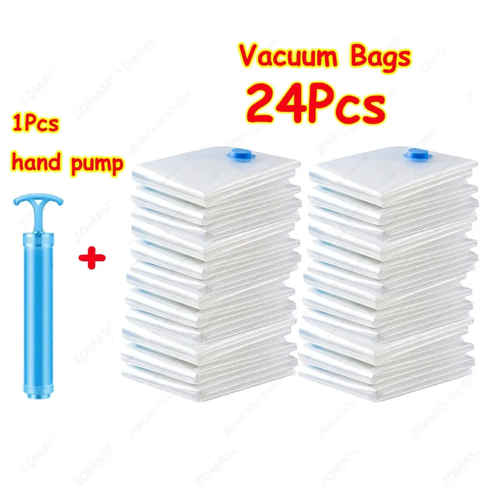 1 To 24 Pcs Reusable Vacuum Storage Bags With Hand Pump For Clothes And Travel Space Saving Clear Folding Bags