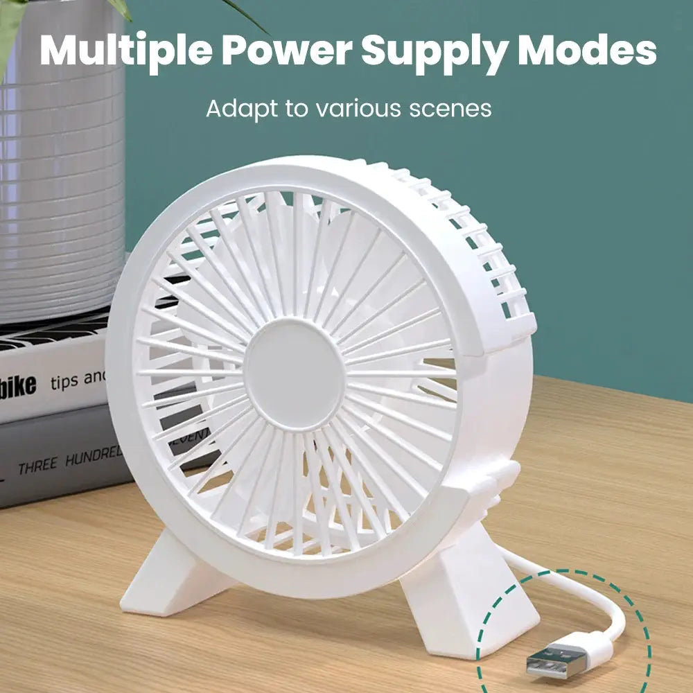 Mini USB rechargeable table fan, white, compact desk fan with stand