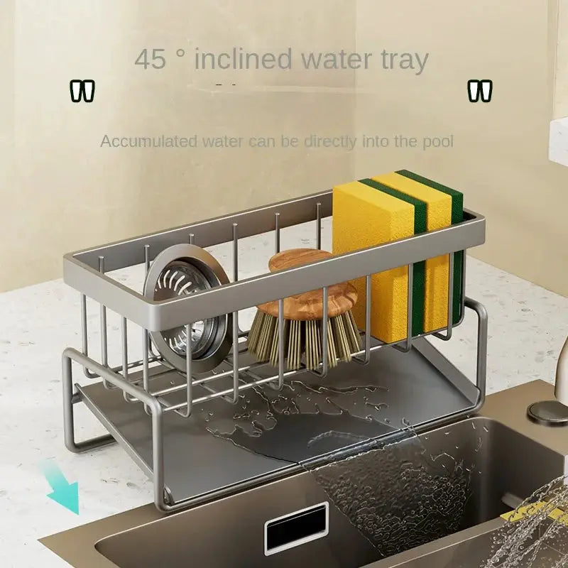 Stainless steel kitchen sink shelf with sponge drain rack, holds 2 yellow sponges and a brush over the sink