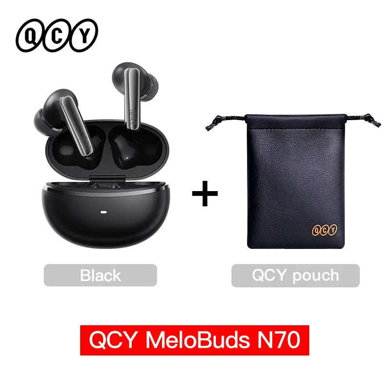 QCY MeloBuds N70 wireless earbuds with black charging case, plus a QCY pouch