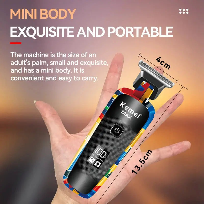 Kemei KM-MAX5090 electric hair clipper with graffiti-pattern design, compact USB handheld shaver.