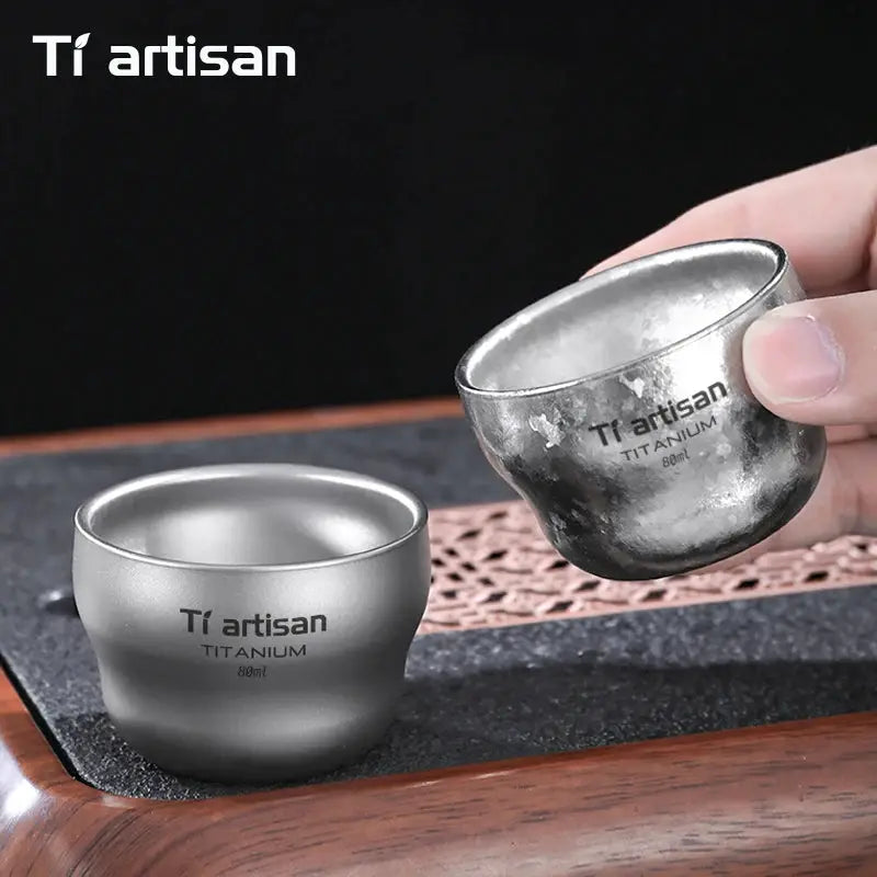 Tiartisan titanium 80ml double-layer gourd teacup set; two ultralight camping mugs for outdoor use