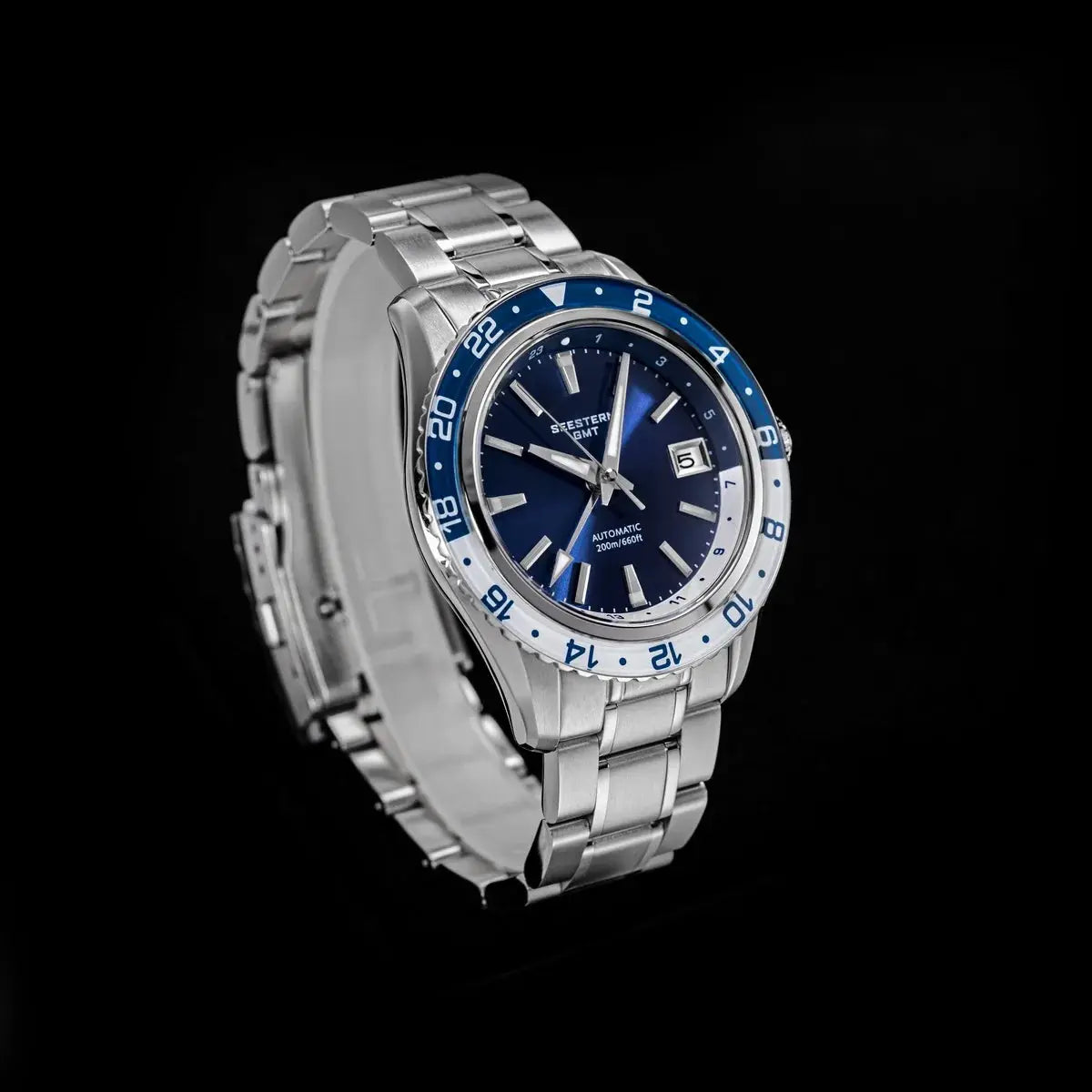SEESTERN GMT automatic wristwatch with blue dial, sapphire glass, blue bezel, stainless steel bracelet