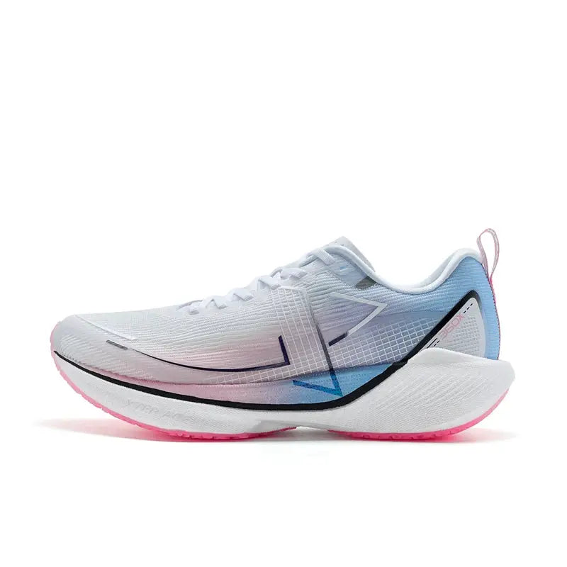 Xtep 360X men's running shoes with white gradient upper, pink outsole and blue accents