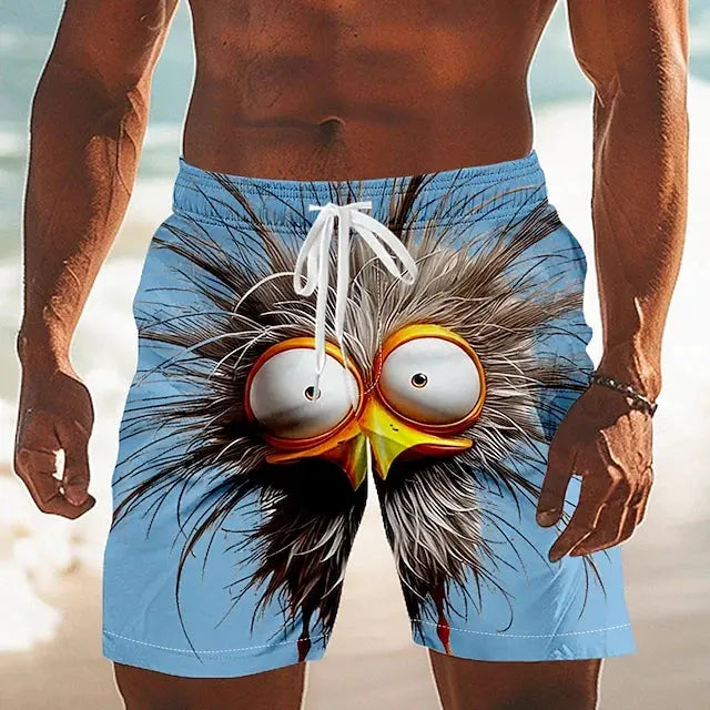 Men's blue beach shorts with a large cartoon bird graphic and elastic drawstring waist, Simples Market