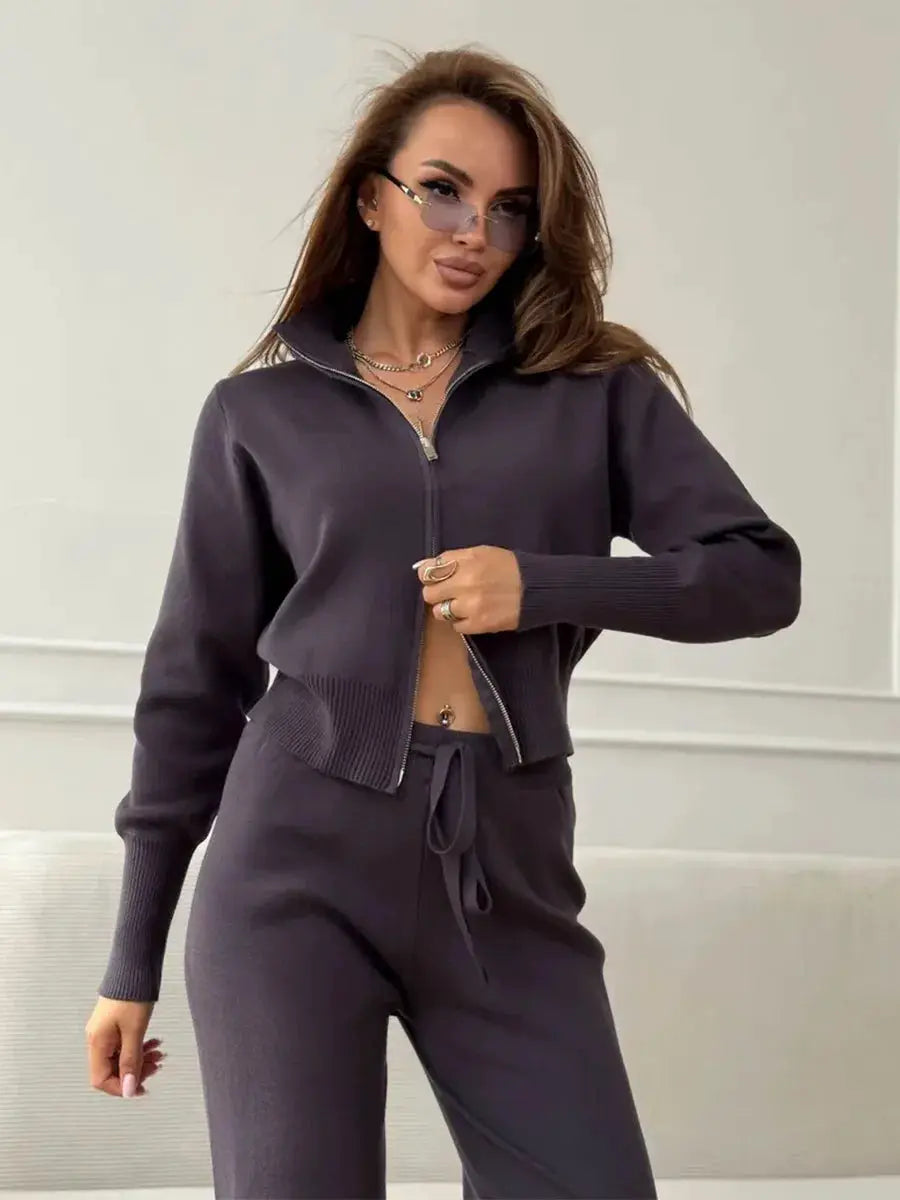 Bornladies Knit Zip Up Cropped Cardigan With Wide Leg Pants Set Women