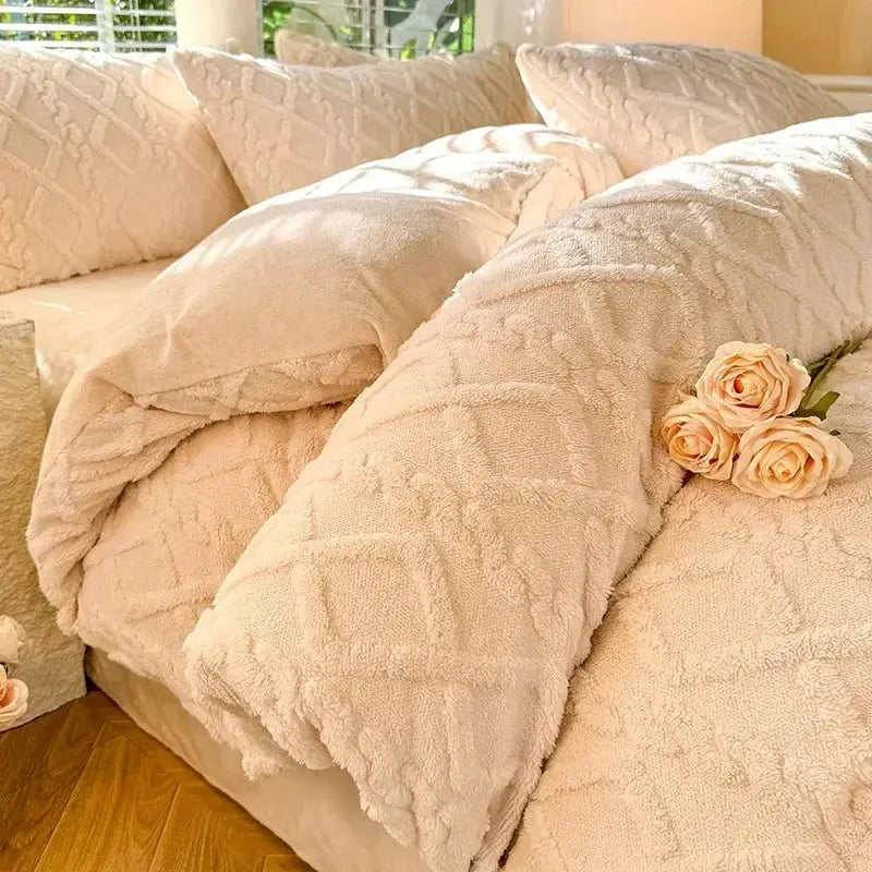 Simples Market Tafuru Milk fleece quilt set; thick warm solid duvet cover on bed with pale roses