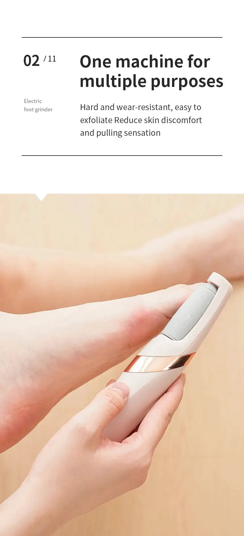 HOMEFISH electric foot grinder by Simples Market; white handheld pedicure device with grey roller used on foot