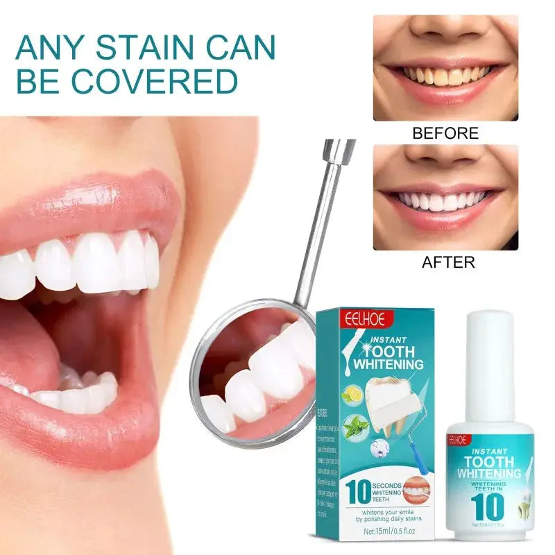 Simples Market instant tooth whitening kit with box and bottle, mirror, and dental wand; before/after teeth.