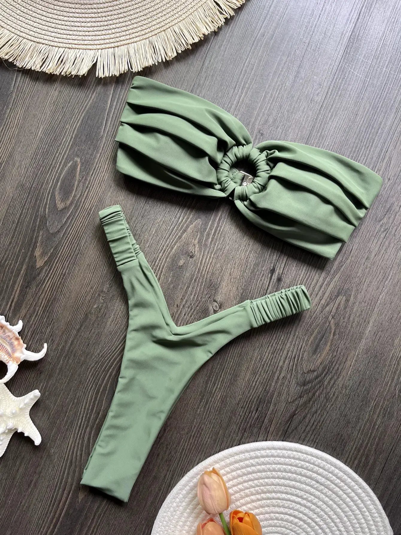 Simples Market green bikini set with ruched bandeau top and high-cut bottoms