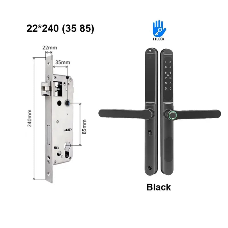 Slim 2.8cm waterproof sliding door smart lock in black with fingerprint, keypad, IC card; TTLock compatible