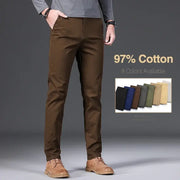 Simples Market 97% cotton men's casual pants with elastic slim-straight fit in brown; 8 colors available for autumn.