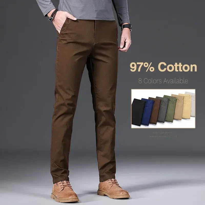 Simples Market 97% cotton men's casual pants with elastic slim-straight fit in brown; 8 colors available for autumn.