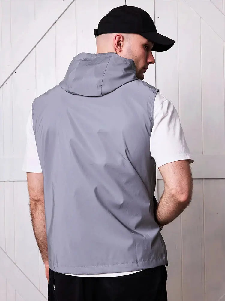 Night Reflective Vest gray hooded sleeveless windbreaker for outdoor running.