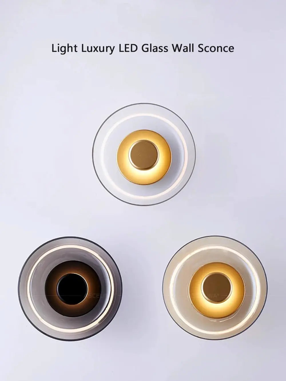 Nordic LED glass wall sconces, 3-pack with round glass frames and warm inner ring lighting for modern interiors.