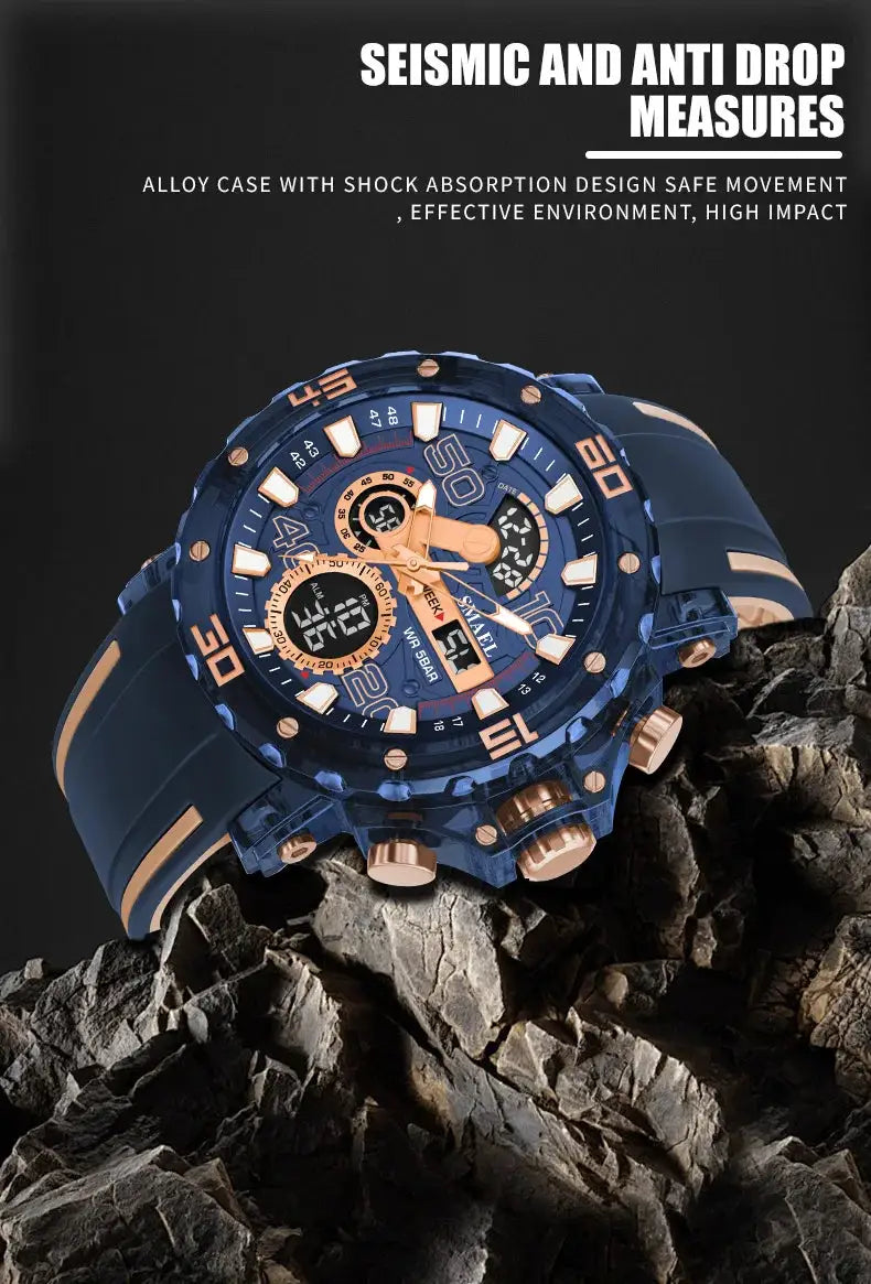 Men's military sports watch from Simples Market, blue case with rose-gold accents, 50m water resistant, LED light and stopwatch.